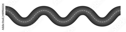Race road. Asphalt texture with border and white line. Track for car. Curve f1 with start and finish. Fast street for karting. Long roadway with bend. Graphic pattern on white background. Vector