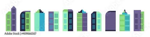 City building in minimal style. Town landscape with architecture  houses. Modern cityscape with commercial geometric buildings. Design urban apartments on white background. Graphic template. Vector.