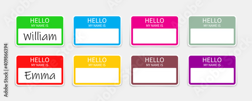 Name badge. Tag of hello. Sticker or card with my nametag. Label with hi. Paper card for identification teacher, speaker on meet and corporate. Template for registration on conference. Vector
