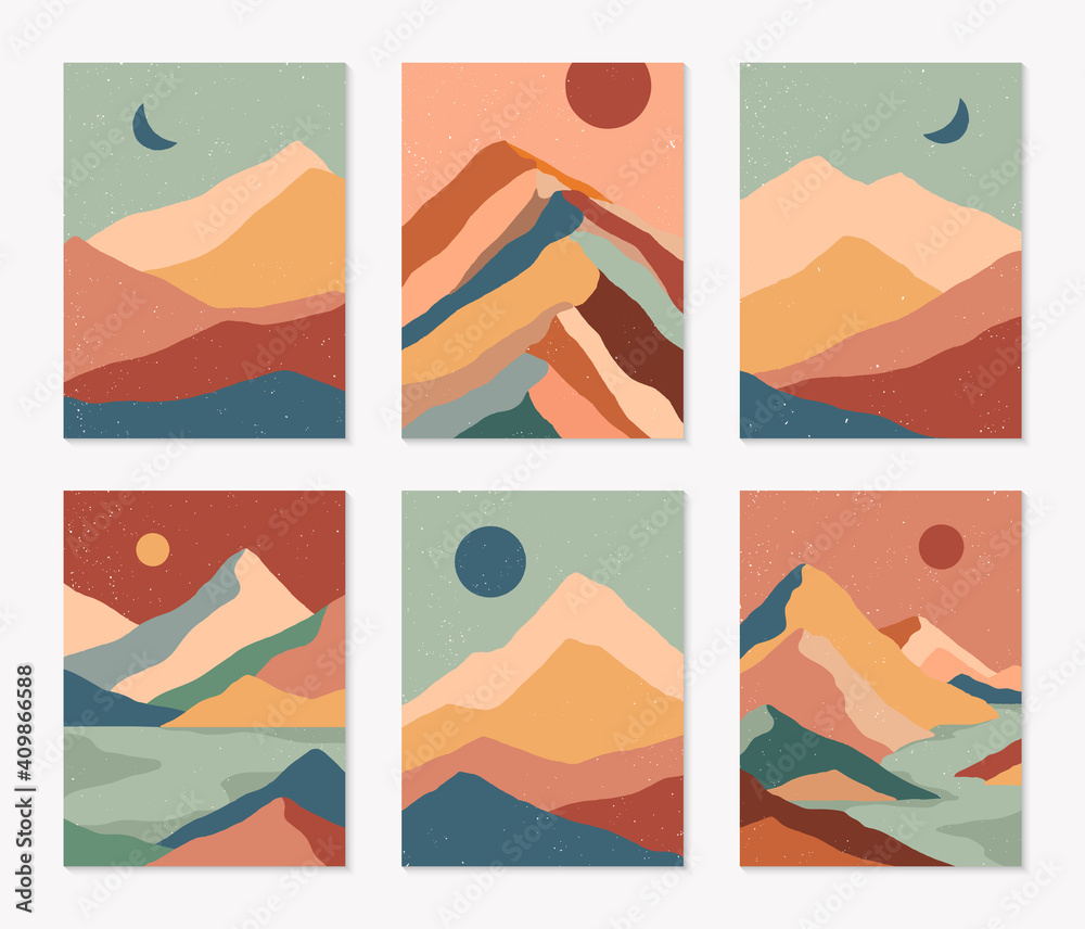 Bundle of creative abstract mountain landscapes,mountain range,desert dunes backgrounds.Mid century modern vector illustrations with hand drawn mountains,sea or lake,sky,sun and moon.Trendy design.