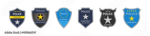 Police badge. Police department. Emblem of shield for cop and officer. Sign of security, law and protect. Symbol of sheriff, detective and policeman. Label with star and crest. Icon of patrol. Vector