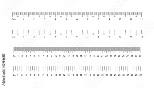 Ruler with cm and inch. Measure on scale of centimeter, millimeter and inches. Meter tape with metric lines. Length with geometric size. Black simple rulers with math and accuracy measurement. Vector