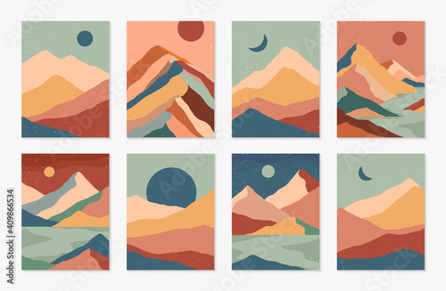 Bundle of creative abstract mountain landscapes,mountain range,desert dunes backgrounds.Mid century modern vector illustrations with hand drawn mountains,sea or lake,sky,sun and moon.Trendy design.