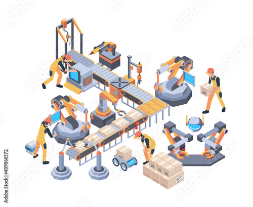 Conveyors belt. Machinery packaging moving wheel industry line vector factory isometric. Conveyor belt, machinery production gear illustration