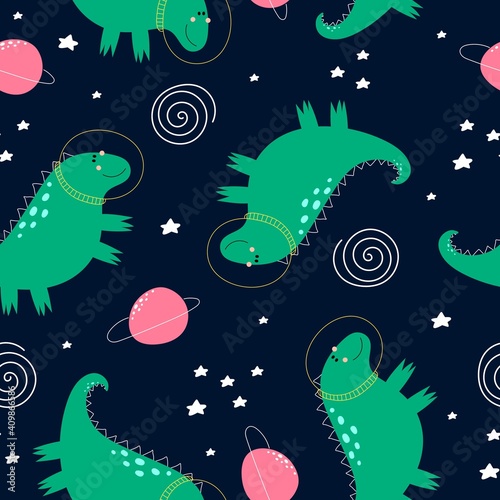 seamless pattern with cartoon dinosaurs in space  planet  moon  decor elements. Colorful vector for kids  flat style  hand drawing. baby design for fabric  print  nursery wallpaper  textile