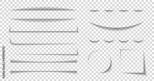 Divider shadow lines. Divider of paper with shadows. Box for web page. Banner with frame on transparent background. Design borders with effect for text. Set of graphic element for website. Vector