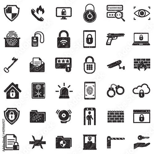 Security Icons. Black Scribble Design. Vector Illustration.