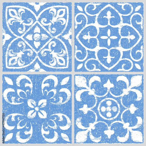 Floral texture in blue and white. Geometric Ceramic Design Tile. Vintage Illustration background