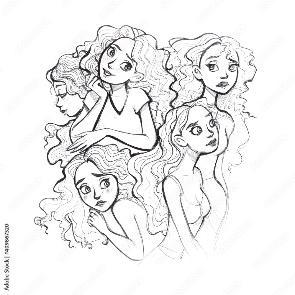Sketchbook. Set of emotions of a young and young, beautiful girl drawn by hand with a pen on a white background Sketchbook. Set of emotions of a young and young, beautiful girl drawn by hand with a pen on a white background