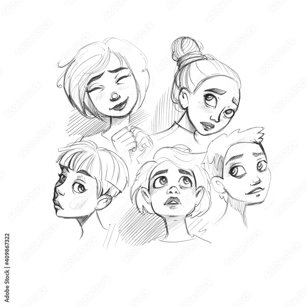 Sketchbook. Set of young and different girls avatars drawn by hand with pen isolated on white background Sketchbook. Set of young and different girls avatars drawn by hand with pen isolated on white background