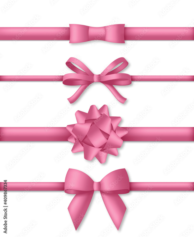 Decorative pink bow with ribbons. Gift box wrapping and holiday decoration. Vector illustration Decorative pink bow with ribbons. Gift box wrapping and holiday decoration. Vector illustration