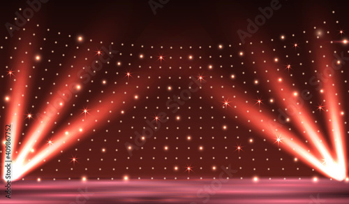 Stage podium with lighting, Stage Podium Scene with for Award Ceremony on red Background. Vector illustration.