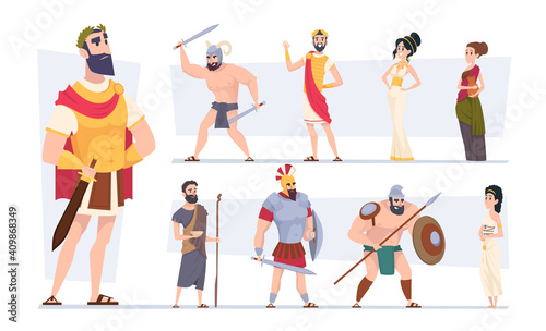 Ancient rome. Authentic clothes of rome traditional citizens medieval outfit coliseum warriors exact vector cartoon characters. Rome ancient traditional, culture archaic civilization illustration