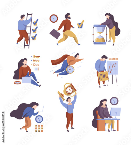Time management concept. Business and self work organization task daily planner garish vector illustration. Business management, time clock manager