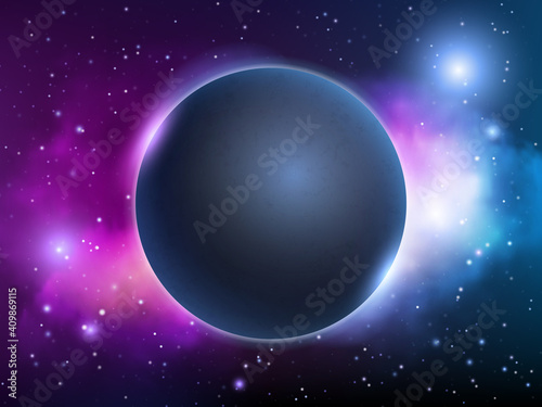 Space universe background. Globe fantasy magic night lighting planet vector abstract decent vector picture. Space sky science, back light planet illustration