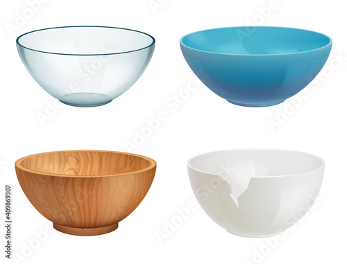 Bowl realistic. White ceramic wooden glass cooking dishes for food elegant transparent containers decent vector collection set. Illustration dish household, kitchenware or tableware