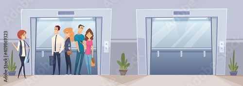 Business people in elevator. Open and closed elevators in office building. Colleagues greetings, happy managers go to work vector illustration. Office elevator, lift interior transportation