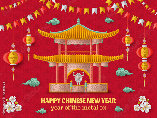 Happy Chinese New Year background with creative white metal ox, hanging lanterns