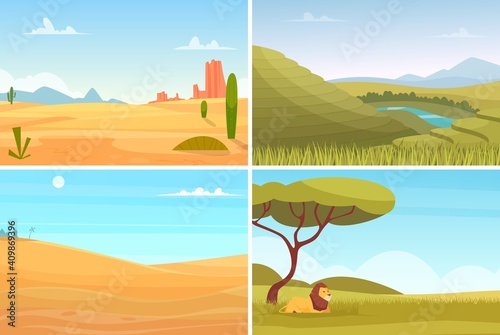 Nature landscape. Desert safari park, agriculture plantation. Eco tourism, travel or adventures vector background. Illustration safari park and desert landscape africa