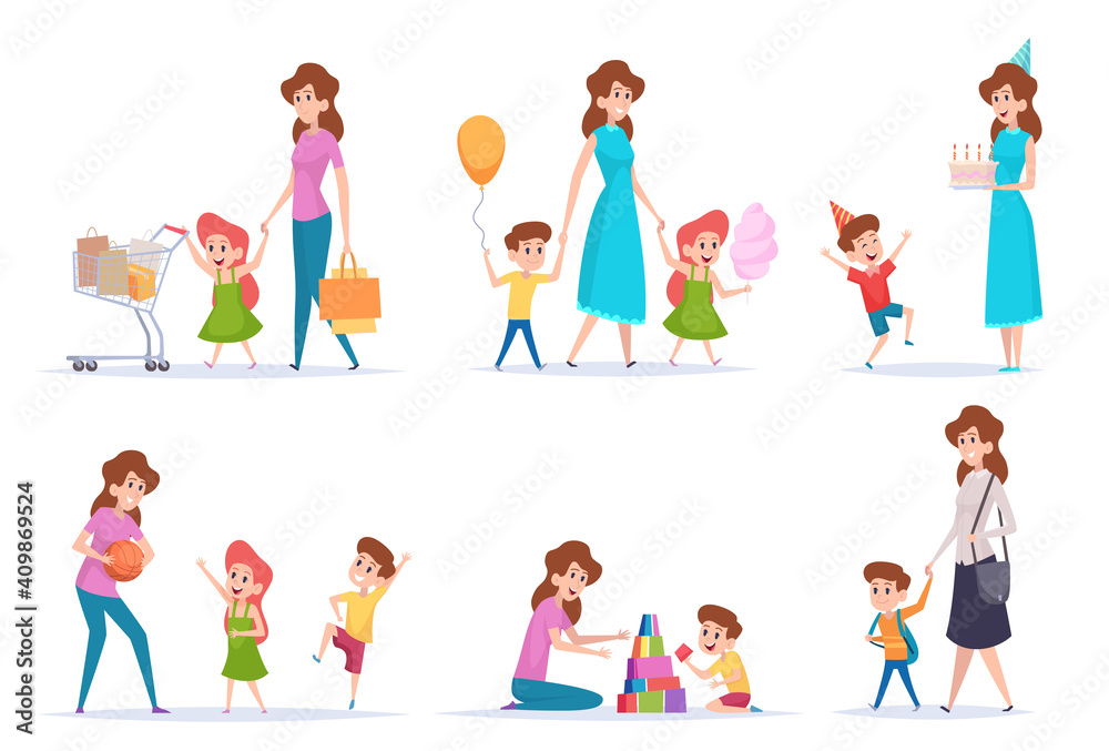 Mother with kids. Happy children spend time with love mommy exact vector parents characters cartoon. Mother parent spend with kids illustration