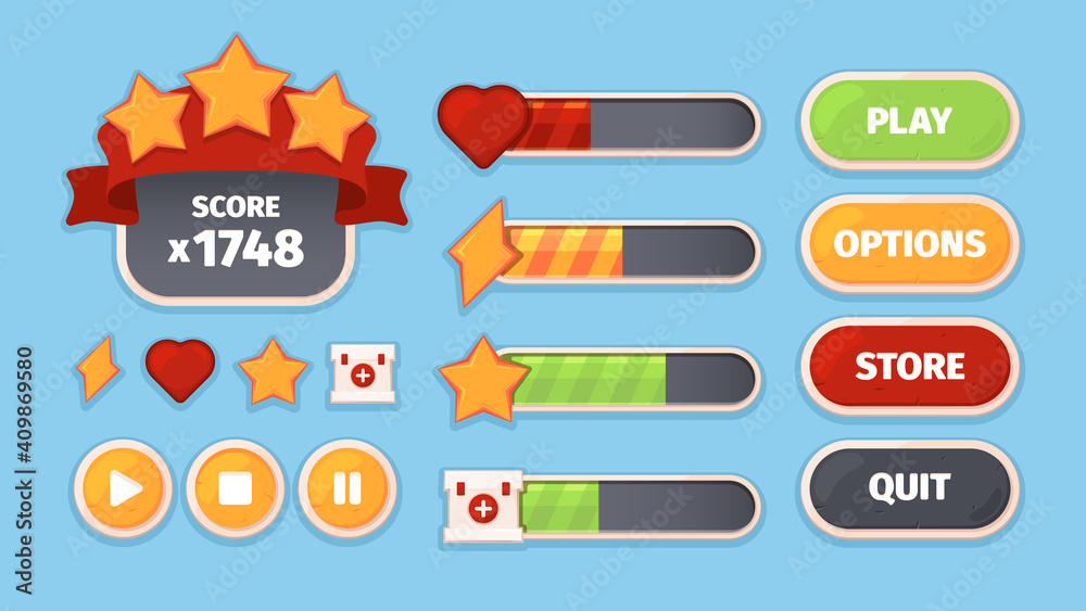 Game ui. Menu buttons for smartphone mobile games frames borders dividers stars launcher satellite garish vector templates. Menu smartphone ui game application illustration Game ui. Menu buttons for smartphone mobile games frames borders dividers stars launcher satellite garish vector templates. Menu smartphone ui game application illustration