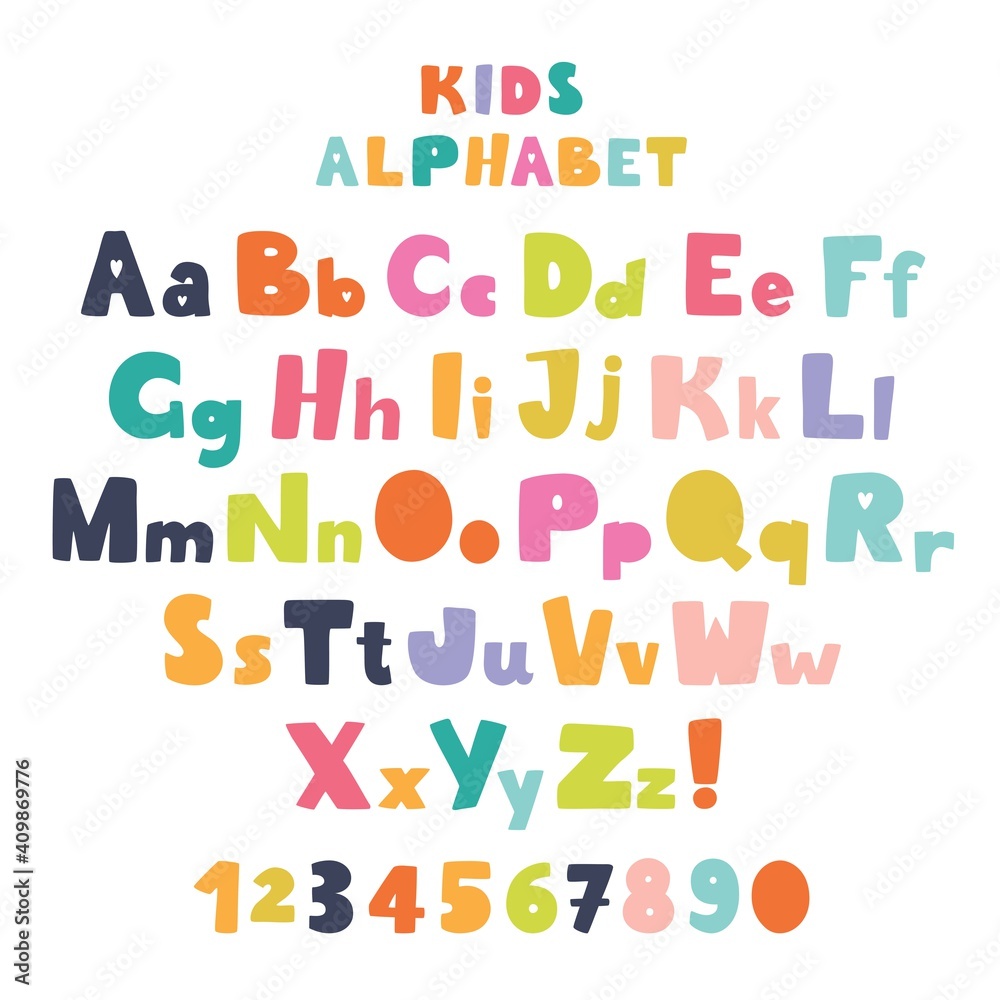 Children's font in the cartoon style. Set of multicolored bright letters for inscriptions. Vector illustration of an alphabet. – Vector