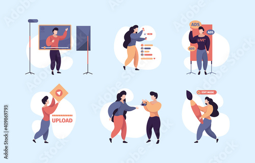 Content makers. Video bloggers writers characters making social activities writing articles garish vector stylized flat person. Web digital media, making blog illustration