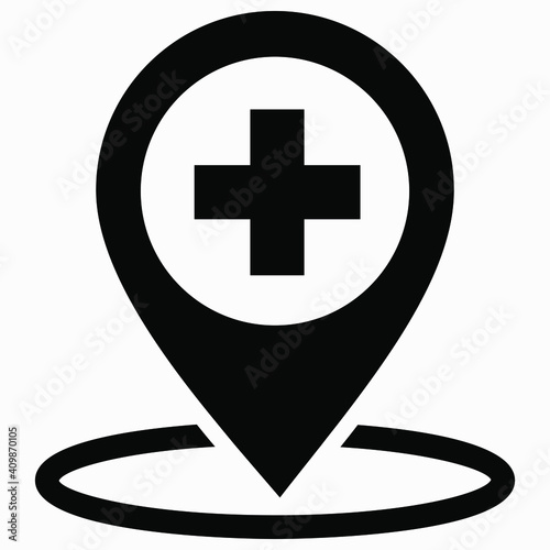 Hospital location icon. Pharmacy location. Location of the medical facility. Doctor's coordinates. Vector icon.