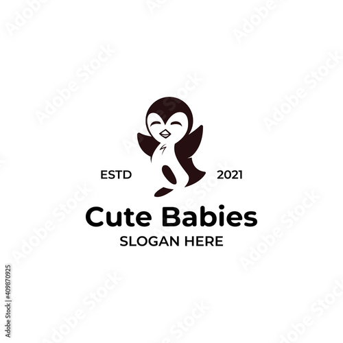 Cute penguin logo vector template with negative space concept