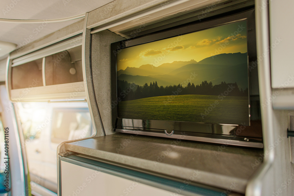 Flat RV TV Inside Modern Camper Van Motorhome Photos | Adobe Stock