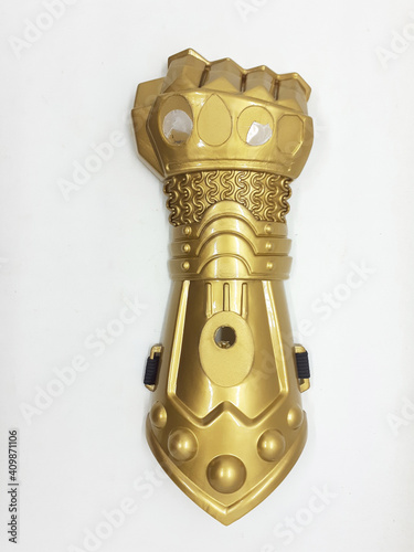 Golden Metallic Plastic Knight Hand Armor for Kids Amusement Toys in White Isolated Background