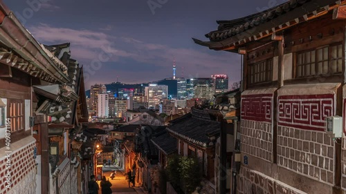 Time lapse 4k,Night view at Bukchon Hanok Village in Seoul, South Korea. photo