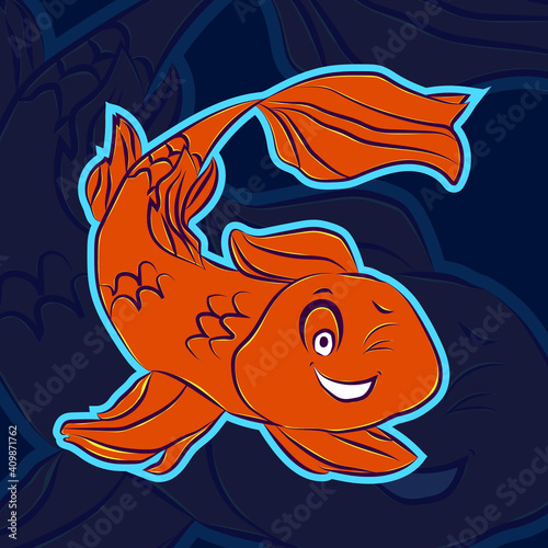 Smile Fish Vector Logo Illustration. Vector funny golden fish blinking eye. Logo Cartoon Character.