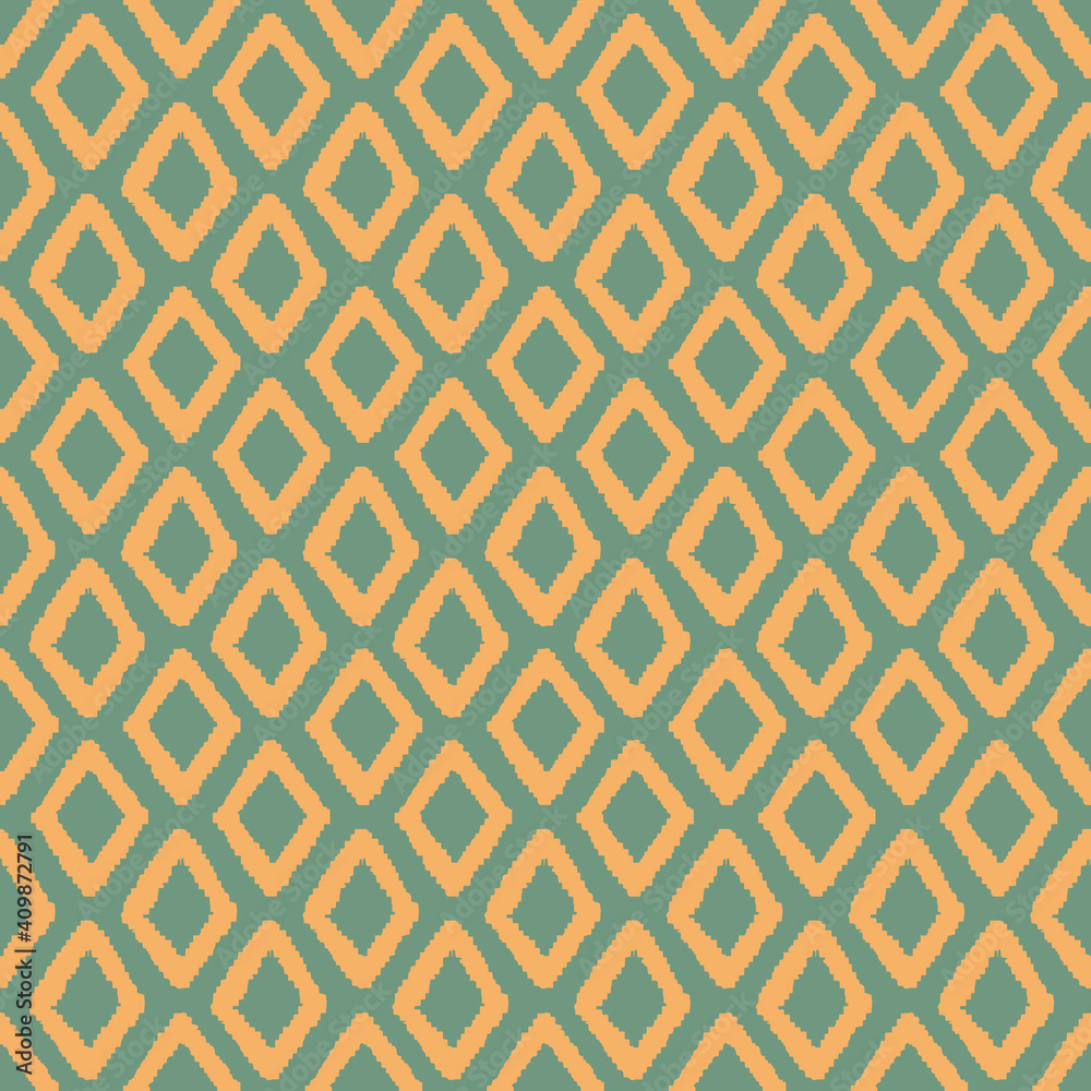 Doodled and cropped vector ikat elements seamless pattern with green background.
