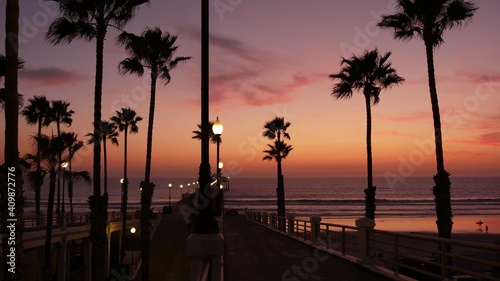 Фотография Palms silhouette on twilight sky, California USA, Oceanside pier