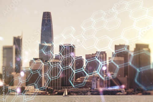 Abstract virtual technology sketch with hexagon grid on San Francisco office buildings background, future technology and AI concept. Double exposure