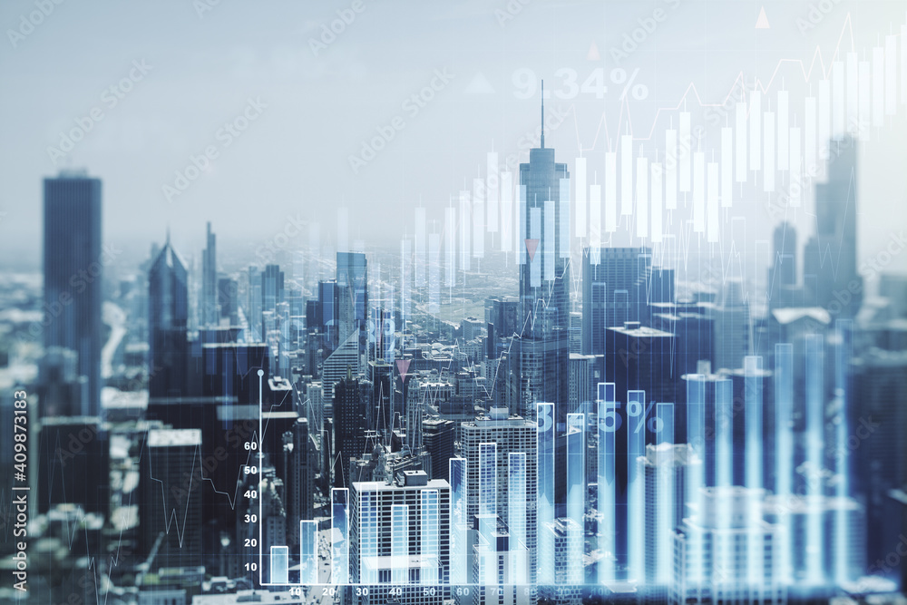 Obraz premium Multi exposure of abstract virtual financial graph hologram on Chicago skyline background, forex and investment concept