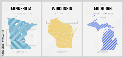 Vector posters detailed silhouettes maps of the states of America with abstract linear pattern, The Great Lakes region - Minnesota, Wisconsin,  Michigan - set 5 of 17