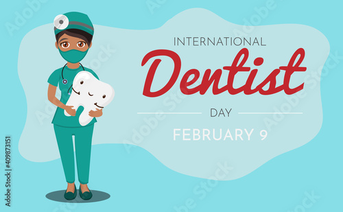 Dentist with funny teeth. 9 February - International day of the dentist.