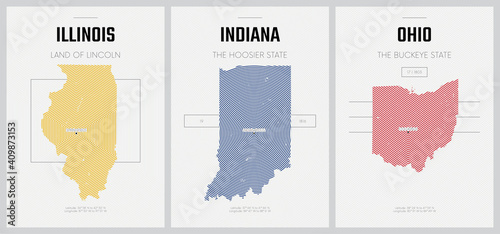 Vector posters detailed silhouettes maps of the states of America with abstract linear pattern, Division East North Central - Illinois, Indiana, Ohio - set 4 of 17