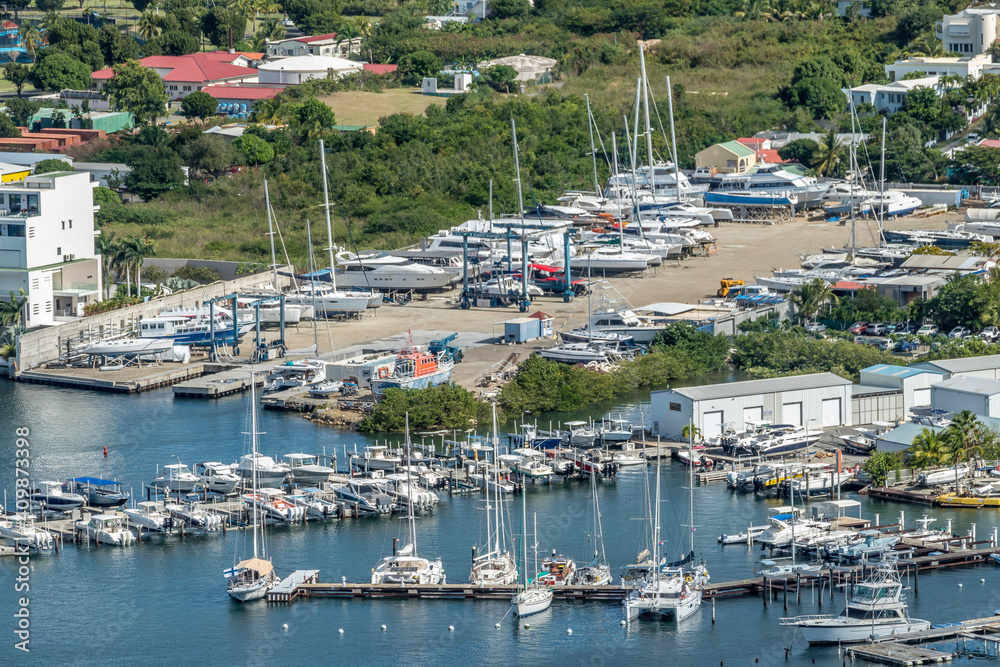 Scenic view of the caribbean island of St.maarten. Caribbean island citycsape. Simpson bay lagoon  located in the Caribbean island of St Maarten. 