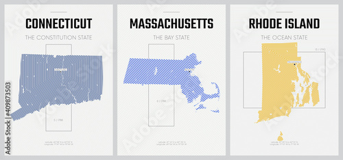 Vector posters detailed silhouettes maps of the states of America with abstract linear pattern, Division New England - Connecticut, Massachusetts, Rhode Island - set 2 of 17
