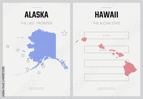Vector posters detailed silhouettes maps of the states of America with abstract linear pattern, Division Pacific - Alaska, Hawaii - set 17 of 17