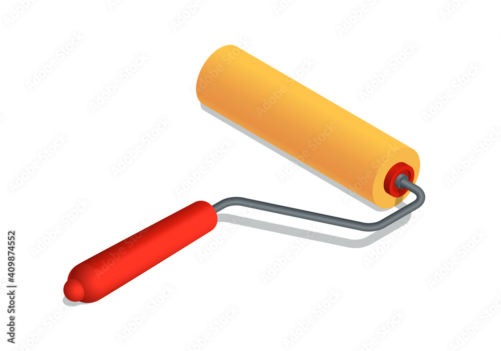 Isometric vector illustration orange paint roller isolated on white background. Realistic paint roller brush icon in flat cartoon style. Tool for painting and renovation. Construction tool. Isometric vector illustration orange paint roller isolated on white background. Realistic paint roller brush icon in flat cartoon style. Tool for painting and renovation. Construction tool.