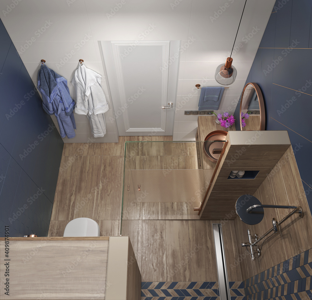 Master bathroom design ideas, aerial 3D render Master bathroom design ideas, aerial 3D render