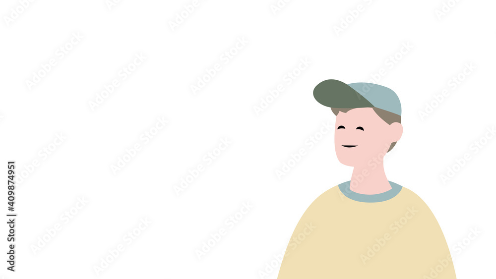 White background with young male character illustration.