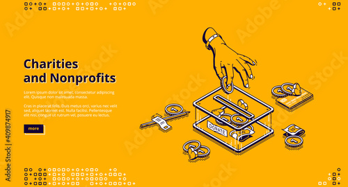 Charity, nonprofit donation isometric landing page. Hand put coins into donate money box slot. Volunteering and social help, solidarity and foundation aid, philanthropy, 3d vector line art web banner