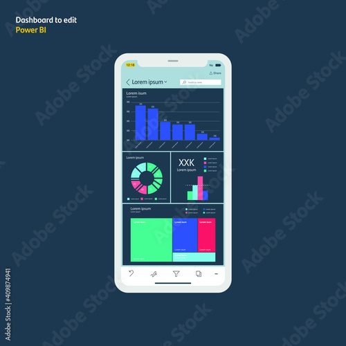Data visualization dashboard on mobile. Power bi design. Graphs and charts. Business report. EPS10