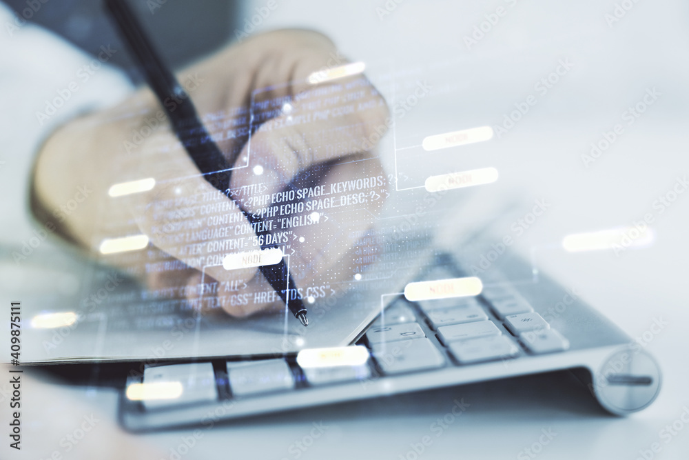 Multi exposure of abstract graphic coding sketch with hand writing in diary on background with laptop, big data and networking concept Multi exposure of abstract graphic coding sketch with hand writing in diary on background with laptop, big data and networking concept