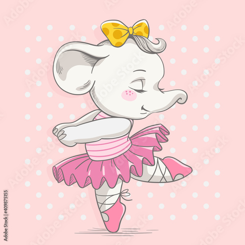 Vector illustration of a cute dancing baby elephant ballerina in a pink tutu.